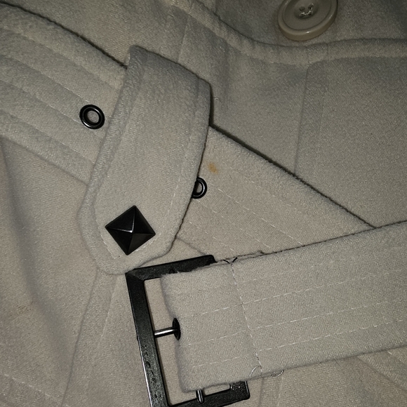 What's Hot Womens Beige Wool Blend Belted Full-Zip Studed PeaCoat Size: X-Large - Picture 3 of 10
